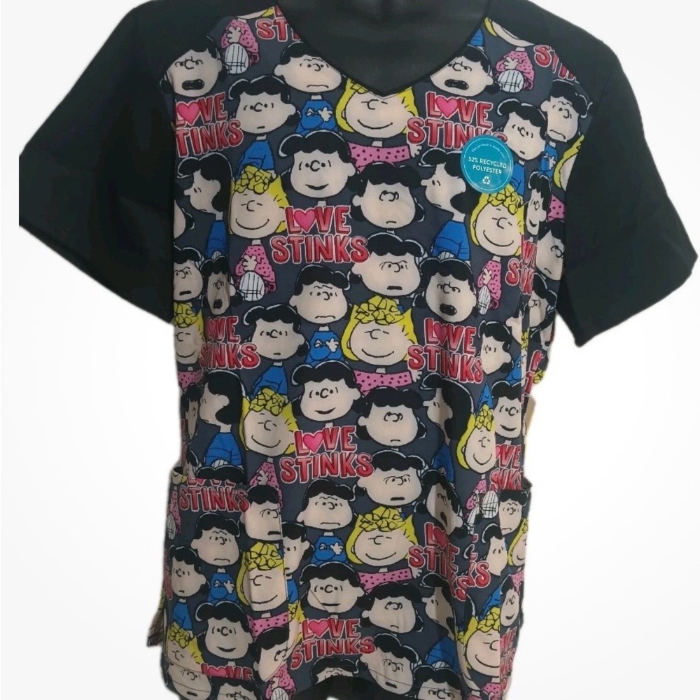 Tooniform NWT  XL PEANUTS  Print scrub top- Black